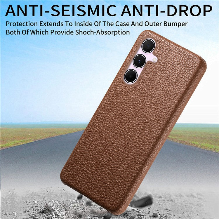 Y1 For Samsung Galaxy A55 5G Case PU Leather Coated PC Phone Cover with Litchi Texture - Brown