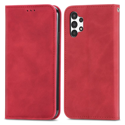 For Samsung Galaxy A13 4G Cell Phone Case Skin Touch Magnetic Closing Stand Cover - Red