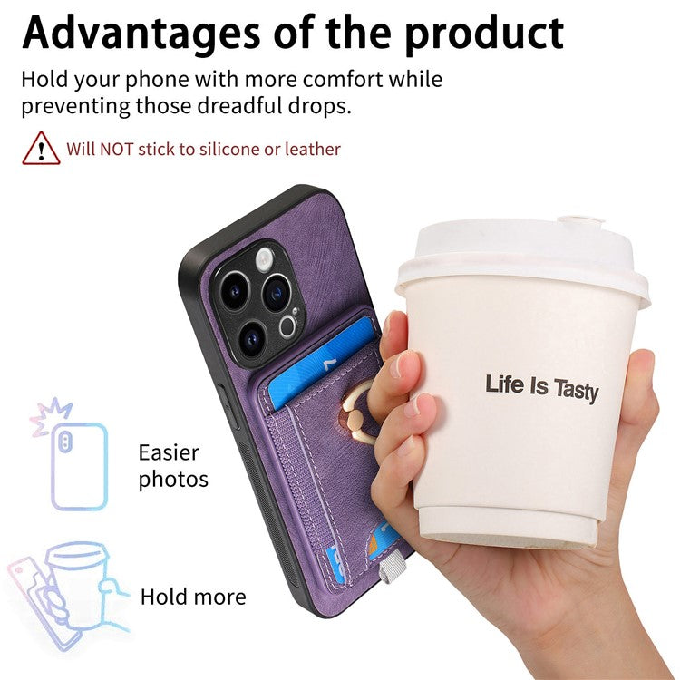 D7 For iPhone 14 Pro Max Kickstand Case PU Leather Coated TPU Cover Detachable Card Slot - Purple