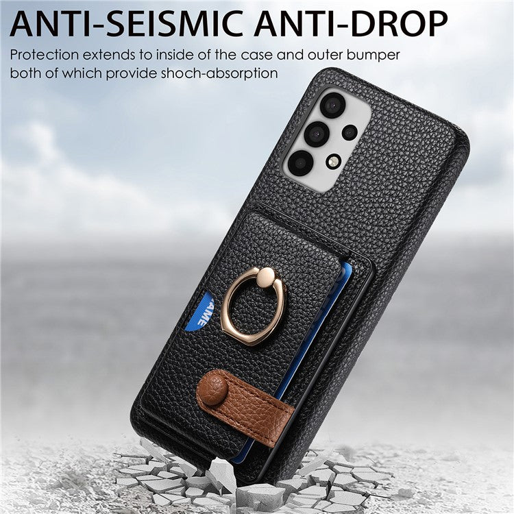Y2 For Samsung Galaxy A32 5G/M32 5G Case Card Holder Ring Kickstand Litchi Texture Phone Cover - Black