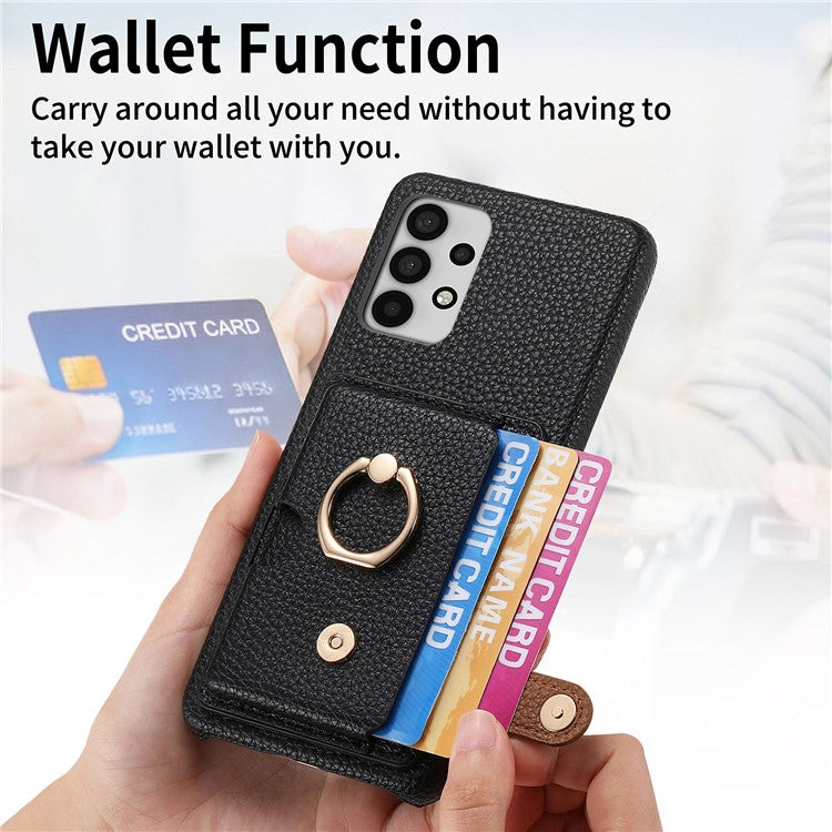 Y2 For Samsung Galaxy A32 5G/M32 5G Case Card Holder Ring Kickstand Litchi Texture Phone Cover - Black