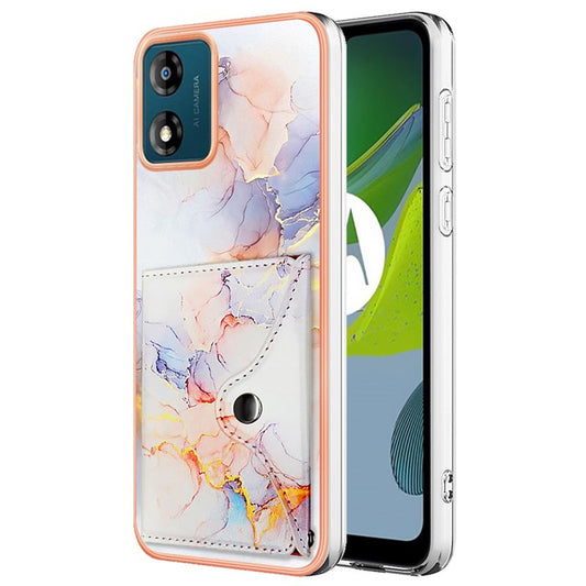 YB Leather Coating Series-9 for Motorola Moto E13 4G Card Case Kickstand IMD Leather+TPU Phone Cover - 004 Marble White