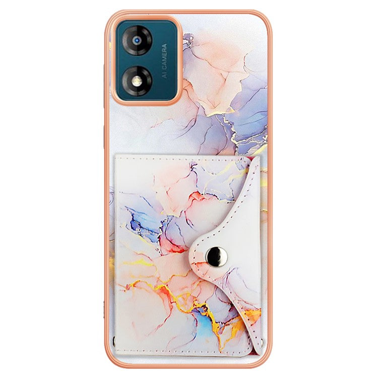 YB Leather Coating Series-9 for Motorola Moto E13 4G Card Case Kickstand IMD Leather+TPU Phone Cover - 004 Marble White