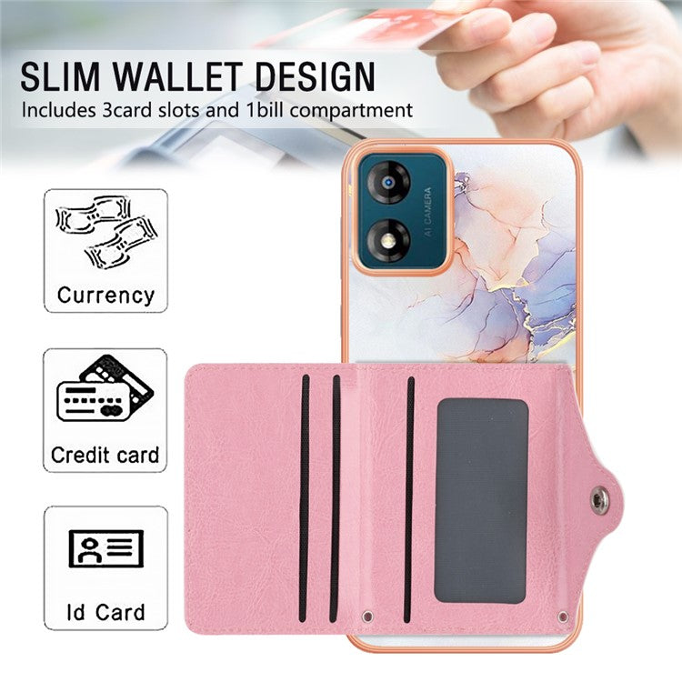 YB Leather Coating Series-9 for Motorola Moto E13 4G Card Case Kickstand IMD Leather+TPU Phone Cover - 004 Marble White