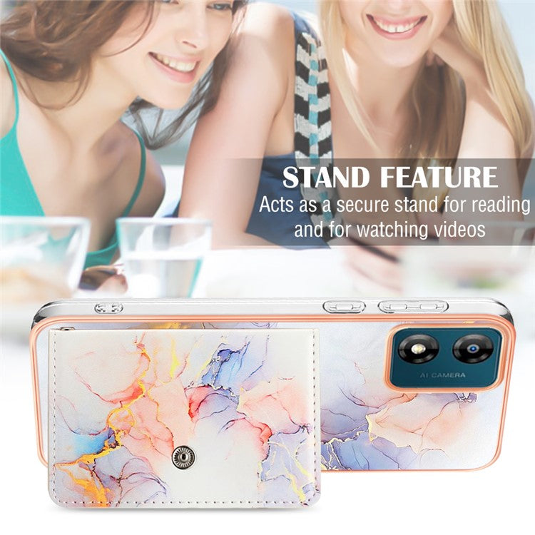 YB Leather Coating Series-9 for Motorola Moto E13 4G Card Case Kickstand IMD Leather+TPU Phone Cover - 004 Marble White