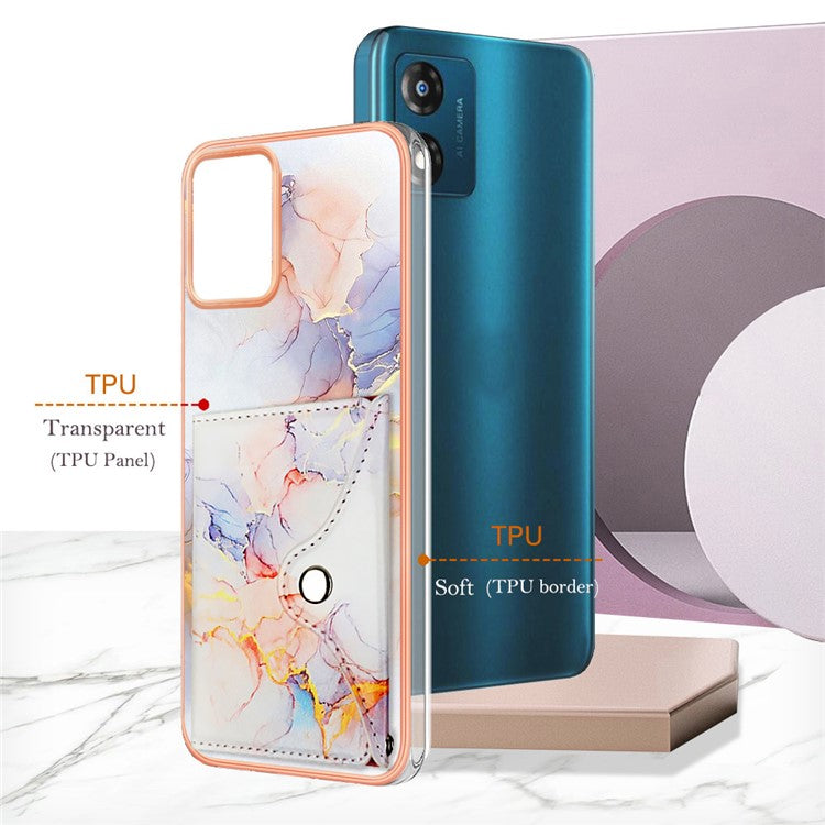 YB Leather Coating Series-9 for Motorola Moto E13 4G Card Case Kickstand IMD Leather+TPU Phone Cover - 004 Marble White