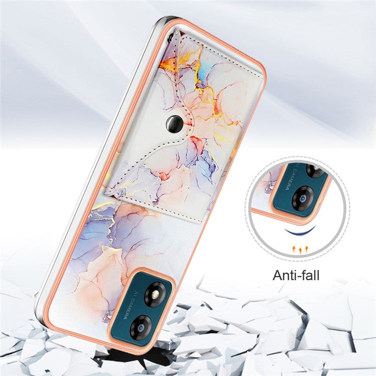 YB Leather Coating Series-9 for Motorola Moto E13 4G Card Case Kickstand IMD Leather+TPU Phone Cover - 004 Marble White