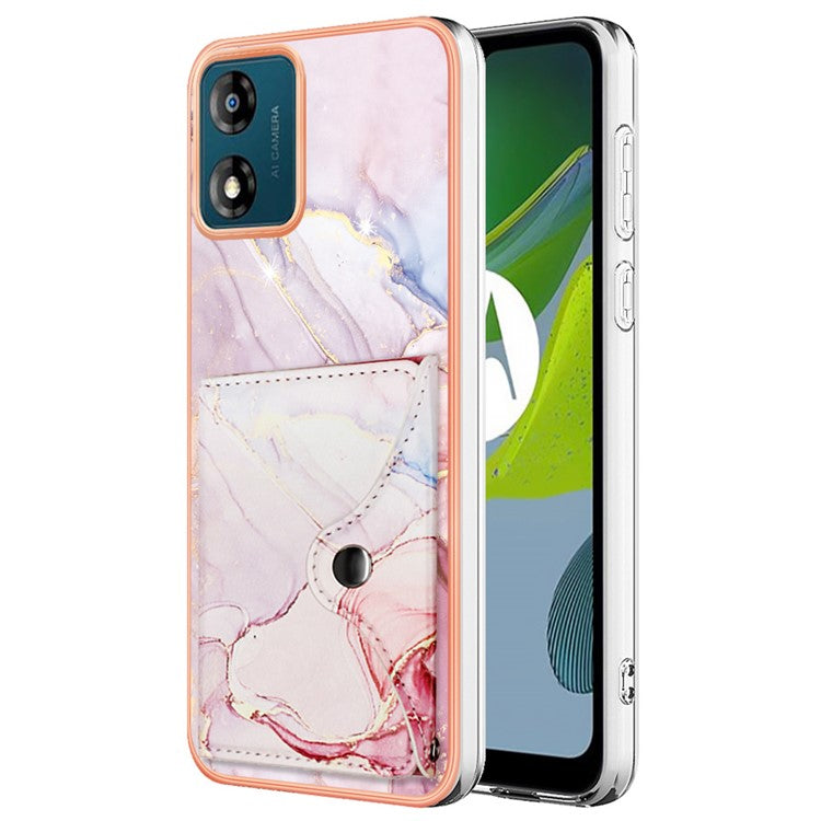 YB Leather Coating Series-9 for Motorola Moto E13 4G Card Case Kickstand IMD Leather+TPU Phone Cover - 005 Rose Gold