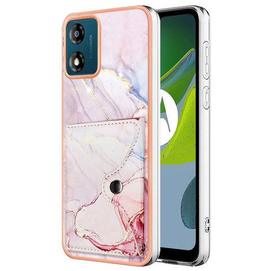 YB Leather Coating Series-9 for Motorola Moto E13 4G Card Case Kickstand IMD Leather+TPU Phone Cover - 005 Rose Gold