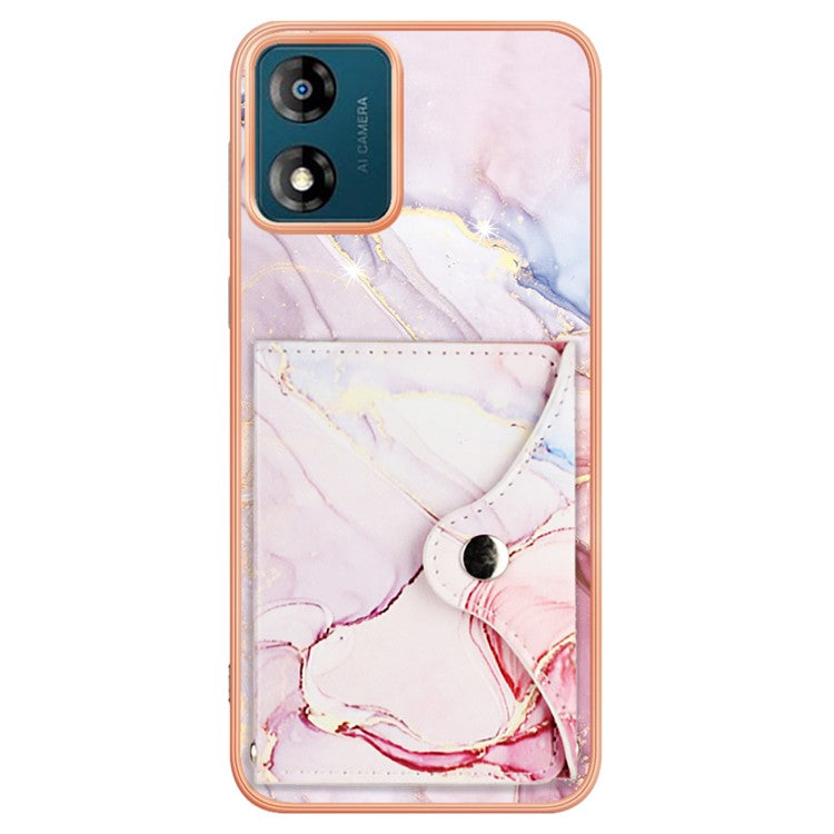 YB Leather Coating Series-9 for Motorola Moto E13 4G Card Case Kickstand IMD Leather+TPU Phone Cover - 005 Rose Gold