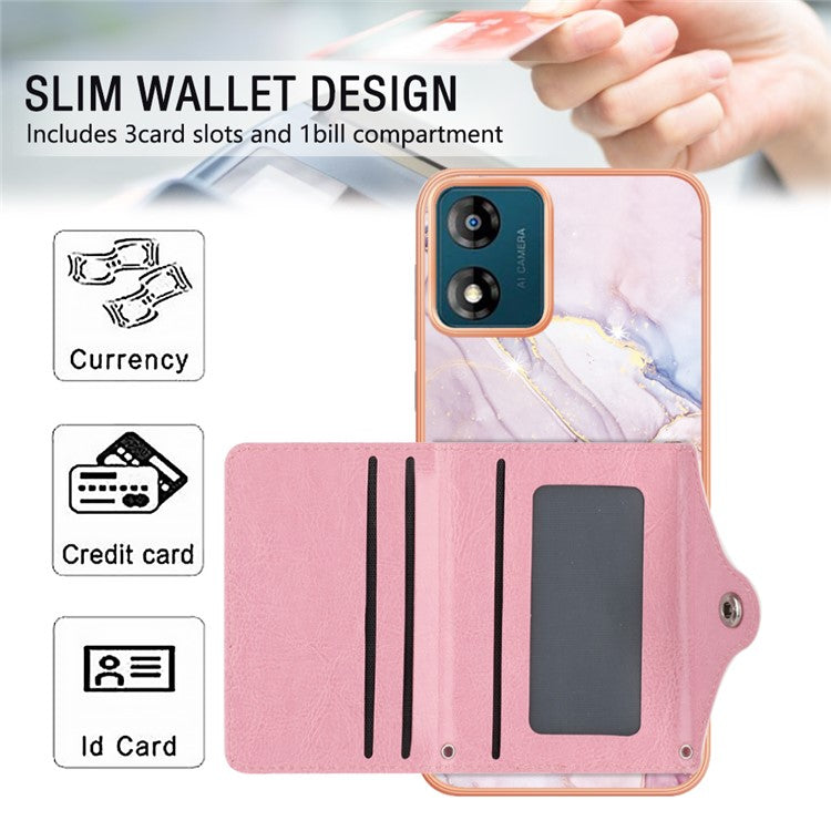 YB Leather Coating Series-9 for Motorola Moto E13 4G Card Case Kickstand IMD Leather+TPU Phone Cover - 005 Rose Gold