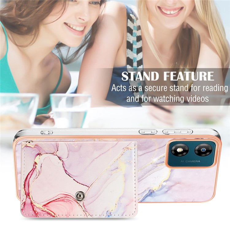 YB Leather Coating Series-9 for Motorola Moto E13 4G Card Case Kickstand IMD Leather+TPU Phone Cover - 005 Rose Gold