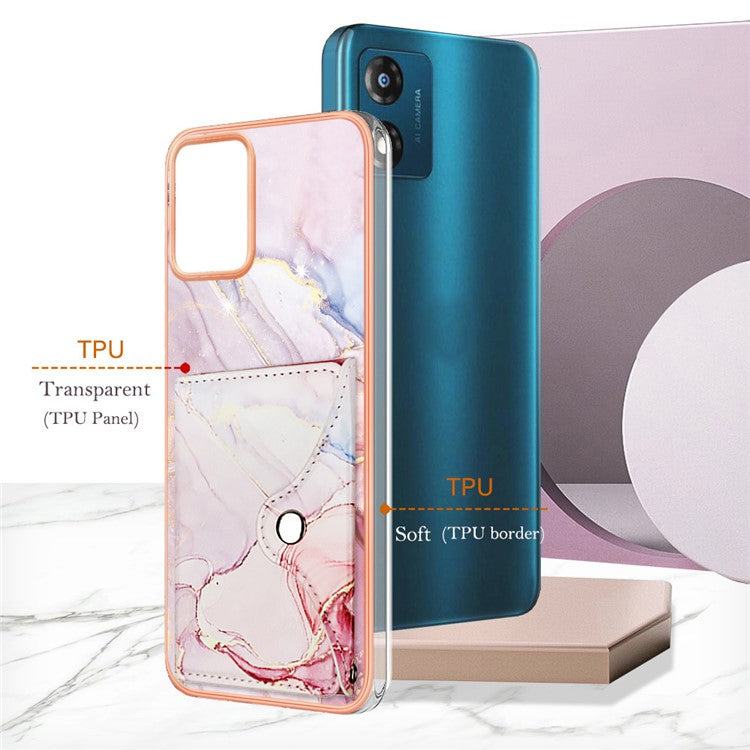 YB Leather Coating Series-9 for Motorola Moto E13 4G Card Case Kickstand IMD Leather+TPU Phone Cover - 005 Rose Gold