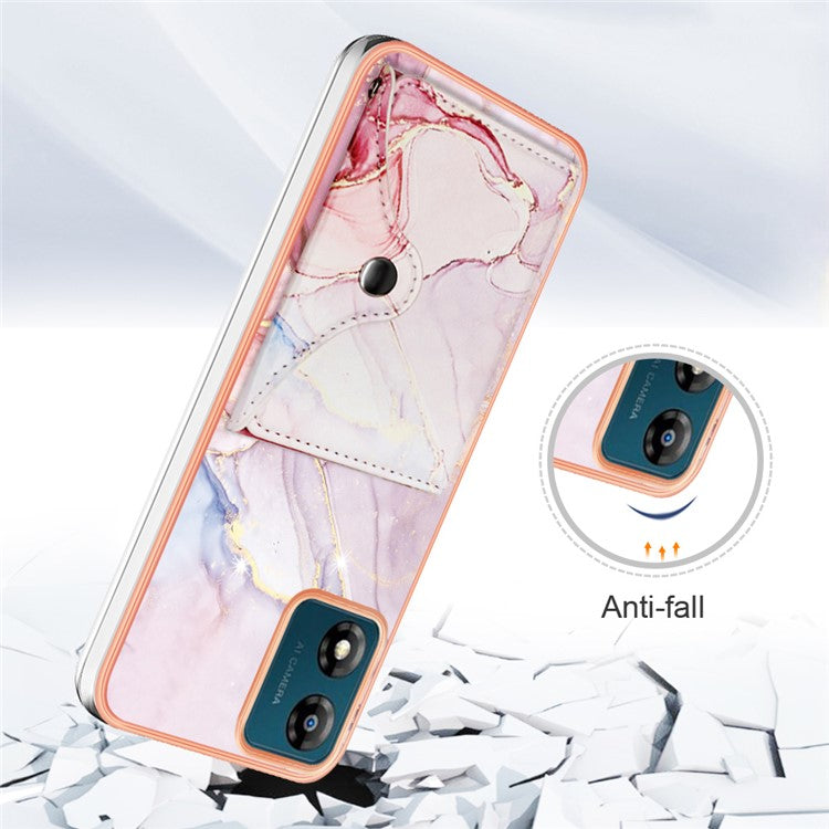 YB Leather Coating Series-9 for Motorola Moto E13 4G Card Case Kickstand IMD Leather+TPU Phone Cover - 005 Rose Gold