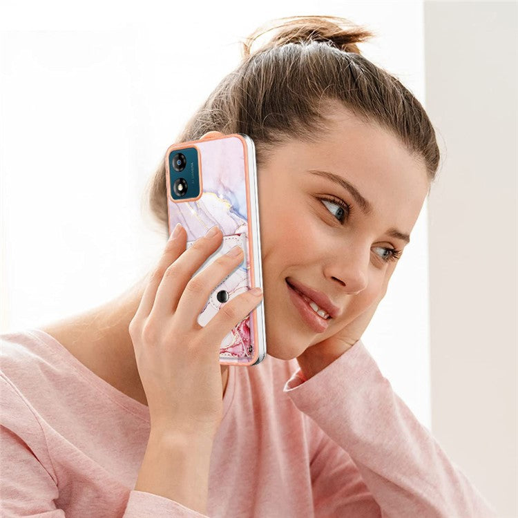 YB Leather Coating Series-9 for Motorola Moto E13 4G Card Case Kickstand IMD Leather+TPU Phone Cover - 005 Rose Gold