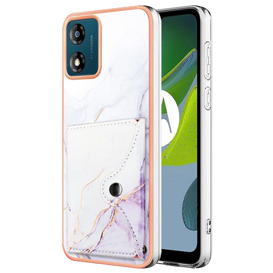 YB Leather Coating Series-9 for Motorola Moto E13 4G Card Case Kickstand IMD Leather+TPU Phone Cover - 006 White Purple