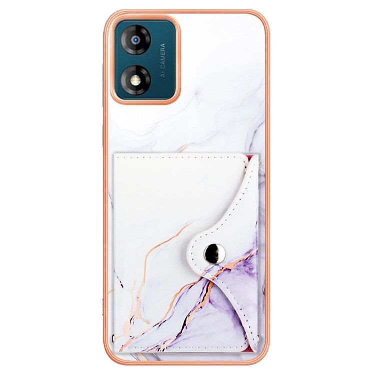 YB Leather Coating Series-9 for Motorola Moto E13 4G Card Case Kickstand IMD Leather+TPU Phone Cover - 006 White Purple