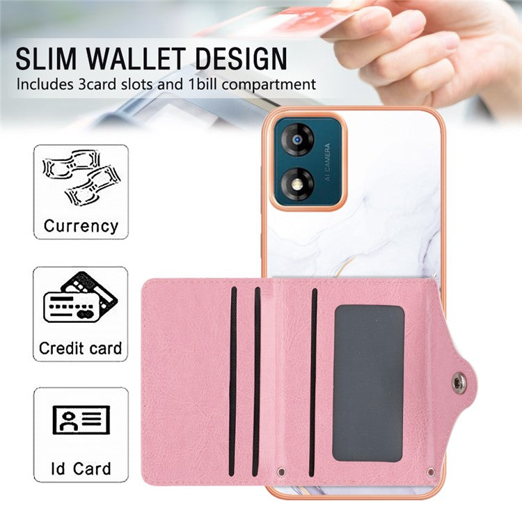 YB Leather Coating Series-9 for Motorola Moto E13 4G Card Case Kickstand IMD Leather+TPU Phone Cover - 006 White Purple
