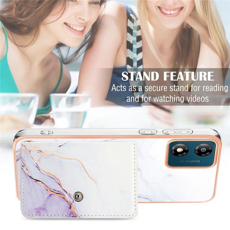 YB Leather Coating Series-9 for Motorola Moto E13 4G Card Case Kickstand IMD Leather+TPU Phone Cover - 006 White Purple