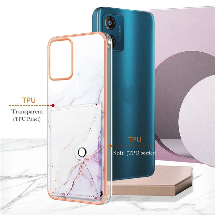 YB Leather Coating Series-9 for Motorola Moto E13 4G Card Case Kickstand IMD Leather+TPU Phone Cover - 006 White Purple