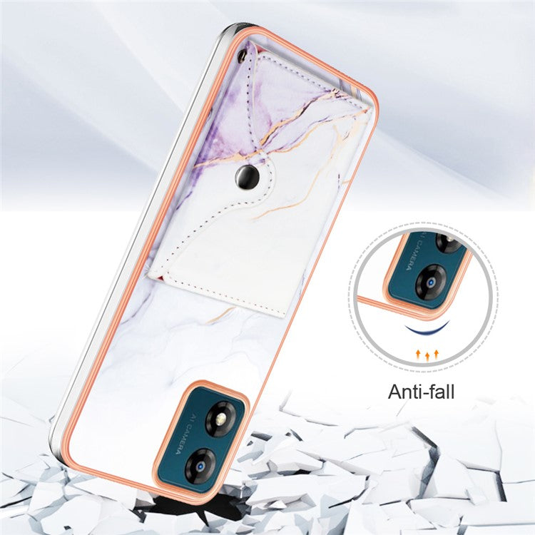 YB Leather Coating Series-9 for Motorola Moto E13 4G Card Case Kickstand IMD Leather+TPU Phone Cover - 006 White Purple