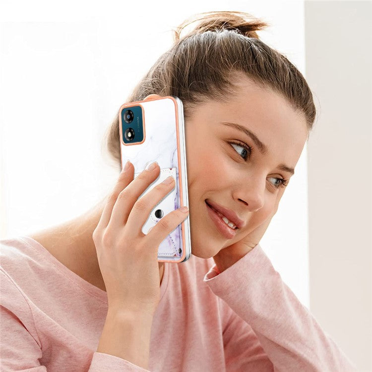 YB Leather Coating Series-9 for Motorola Moto E13 4G Card Case Kickstand IMD Leather+TPU Phone Cover - 006 White Purple