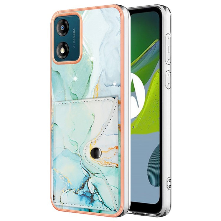 YB Leather Coating Series-9 for Motorola Moto E13 4G Card Case Kickstand IMD Leather+TPU Phone Cover - 003 Green