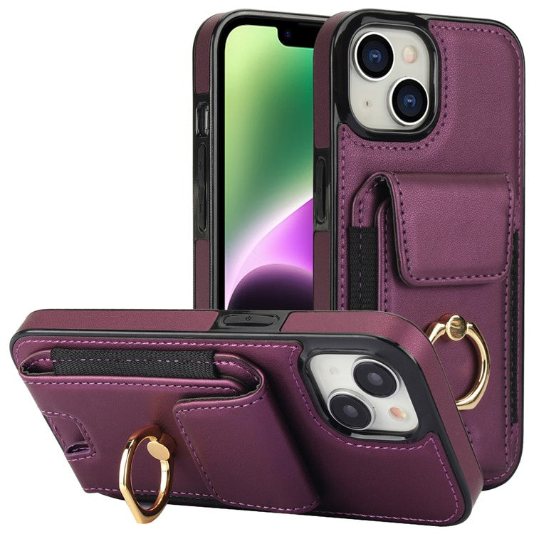 For iPhone 14 Case Card Holder Leather Coated TPU Shockproof Phone Cover with Ring Kickstand - Purple