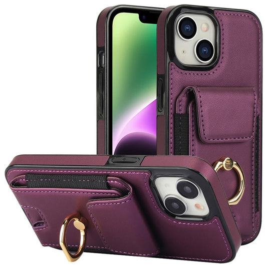 For iPhone 14 Case Card Holder Leather Coated TPU Shockproof Phone Cover with Ring Kickstand - Purple