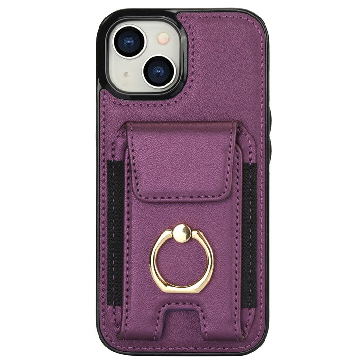 For iPhone 14 Case Card Holder Leather Coated TPU Shockproof Phone Cover with Ring Kickstand - Purple