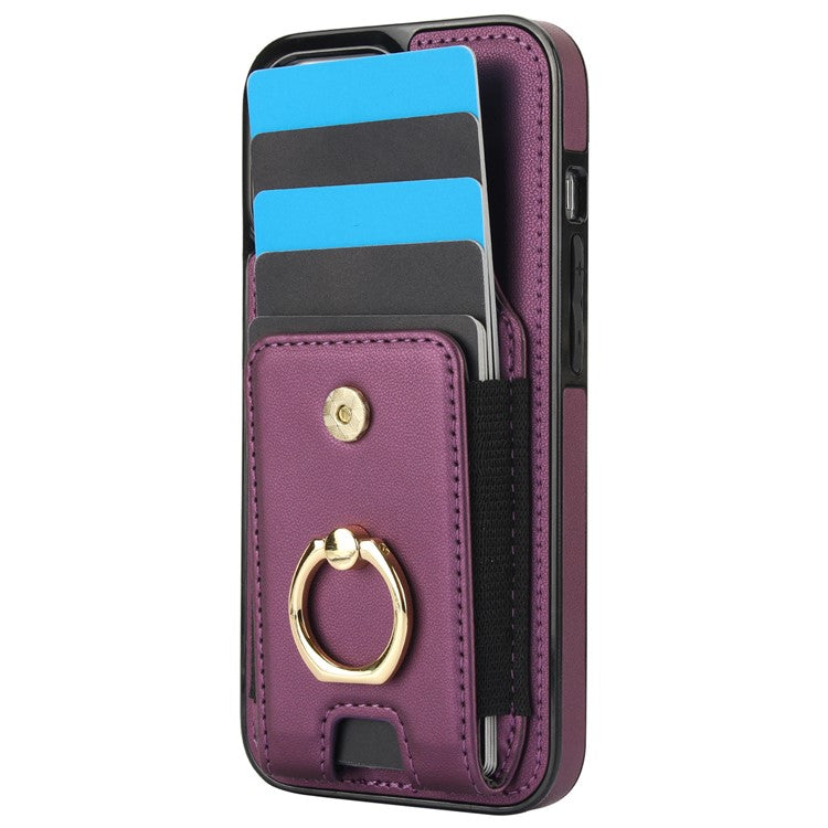 For iPhone 14 Case Card Holder Leather Coated TPU Shockproof Phone Cover with Ring Kickstand - Purple