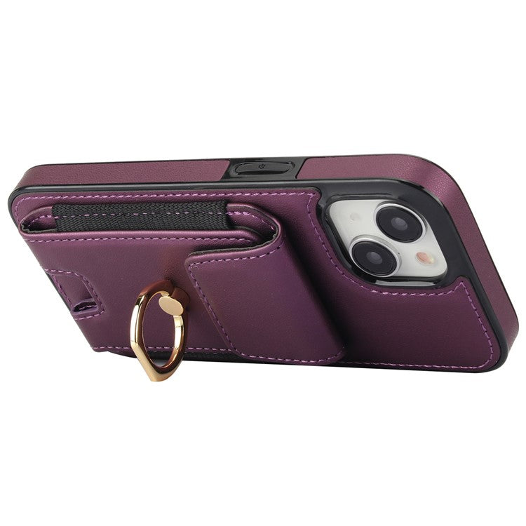For iPhone 14 Case Card Holder Leather Coated TPU Shockproof Phone Cover with Ring Kickstand - Purple