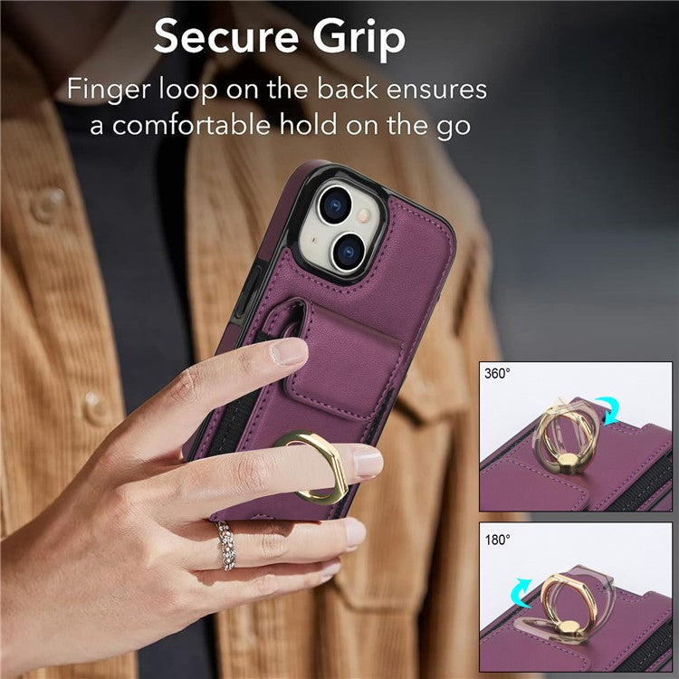 For iPhone 14 Case Card Holder Leather Coated TPU Shockproof Phone Cover with Ring Kickstand - Purple