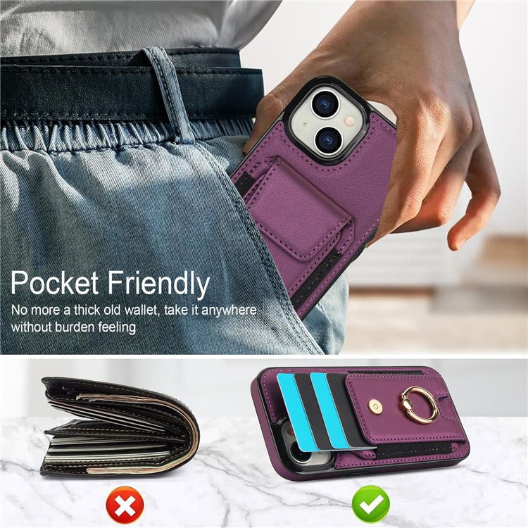 For iPhone 14 Case Card Holder Leather Coated TPU Shockproof Phone Cover with Ring Kickstand - Purple