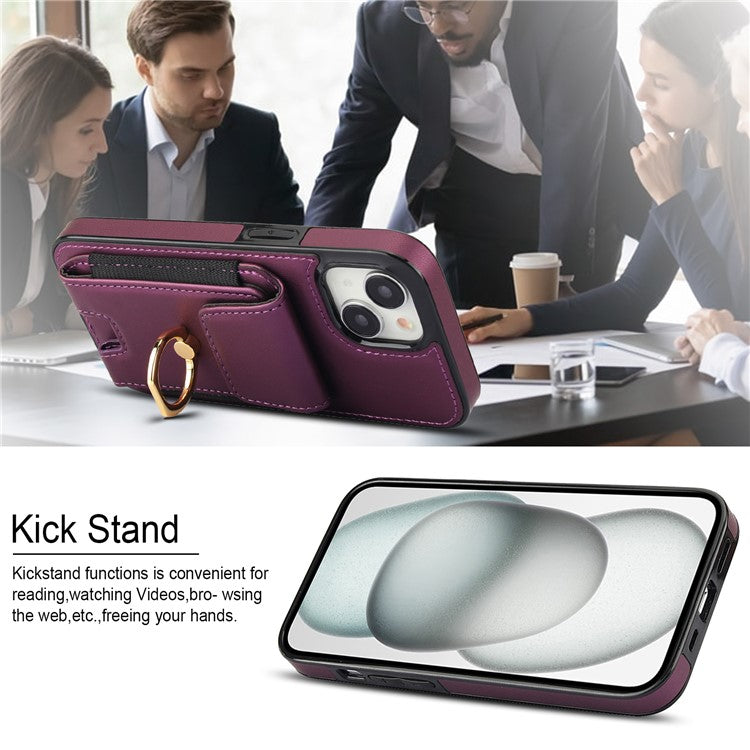 For iPhone 14 Case Card Holder Leather Coated TPU Shockproof Phone Cover with Ring Kickstand - Purple