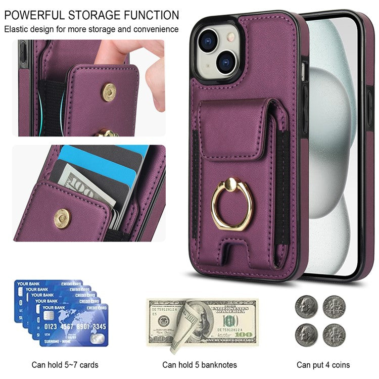 For iPhone 14 Case Card Holder Leather Coated TPU Shockproof Phone Cover with Ring Kickstand - Purple
