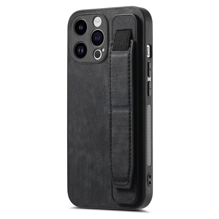 D11 For iPhone 14 Pro Max Wristband Case PU Leather+TPU Phone Shell - Black