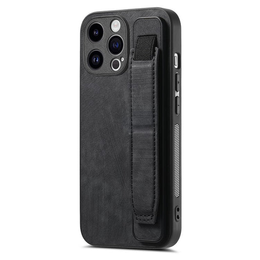 D11 For iPhone 14 Pro Max Wristband Case PU Leather+TPU Phone Shell - Black