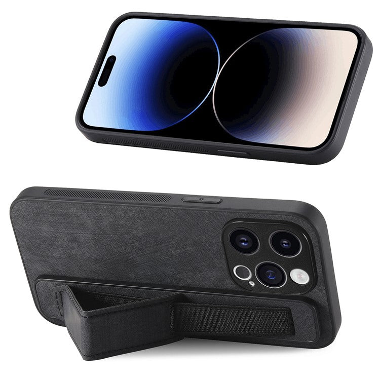 D11 For iPhone 14 Pro Max Wristband Case PU Leather+TPU Phone Shell - Black