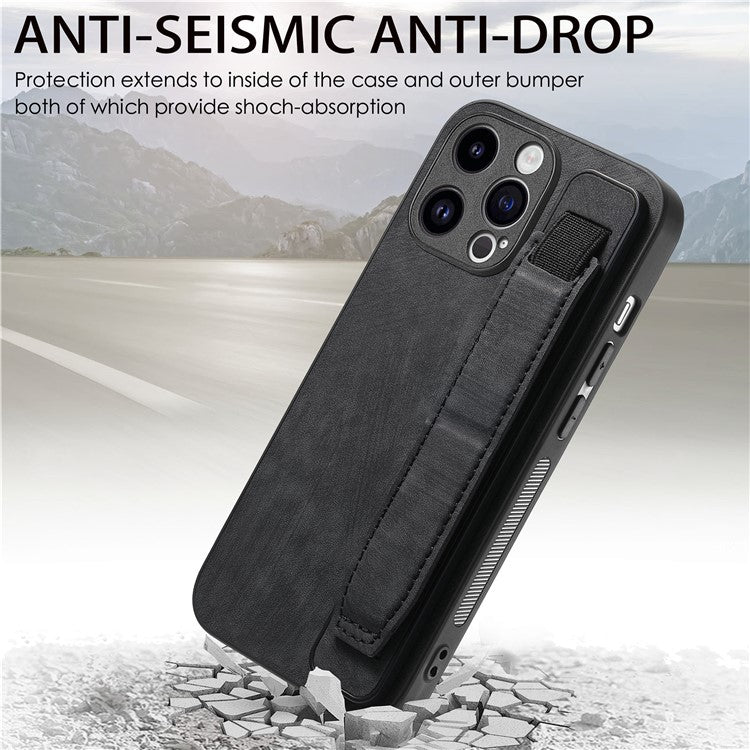 D11 For iPhone 14 Pro Max Wristband Case PU Leather+TPU Phone Shell - Black