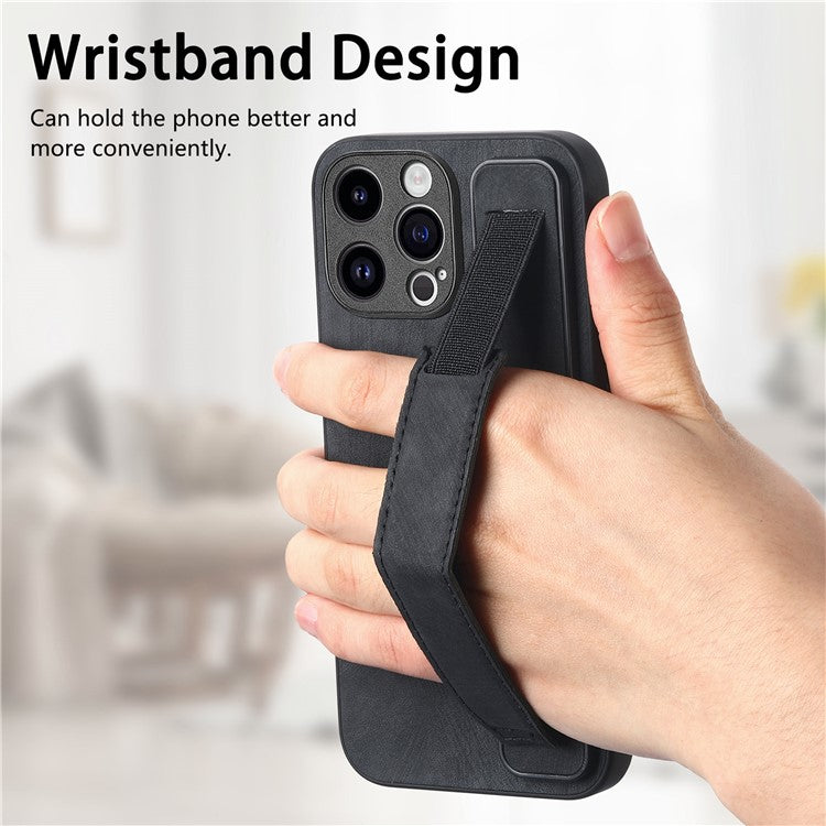 D11 For iPhone 14 Pro Max Wristband Case PU Leather+TPU Phone Shell - Black