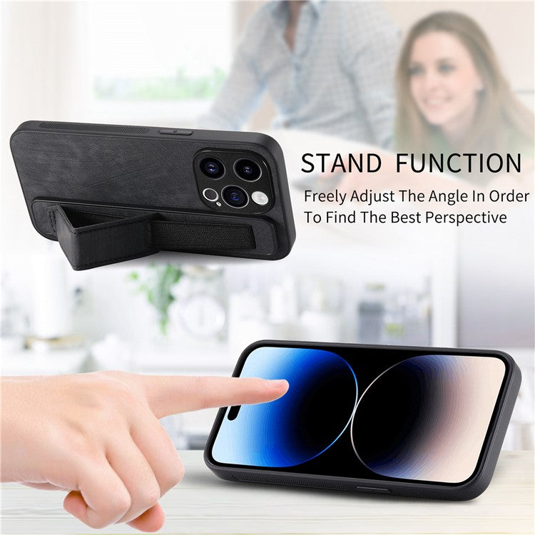 D11 For iPhone 14 Pro Max Wristband Case PU Leather+TPU Phone Shell - Black