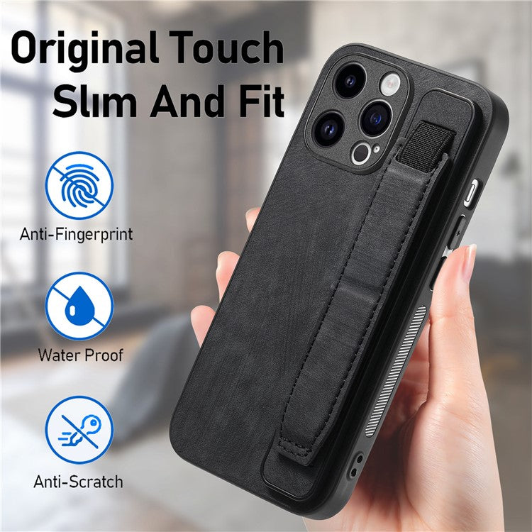 D11 For iPhone 14 Pro Max Wristband Case PU Leather+TPU Phone Shell - Black