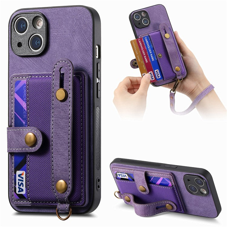 D9 For iPhone 14 Case Wristband PU Leather Vintage Texture Shockproof Cover - Purple