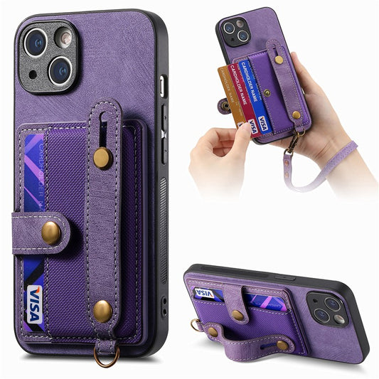 D9 For iPhone 14 Case Wristband PU Leather Vintage Texture Shockproof Cover - Purple