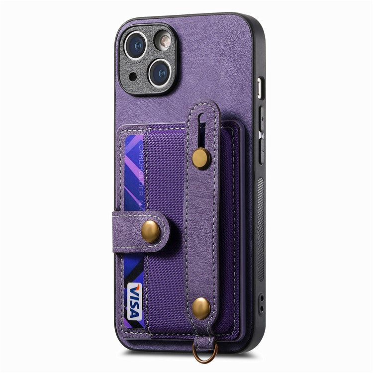 D9 For iPhone 14 Case Wristband PU Leather Vintage Texture Shockproof Cover - Purple