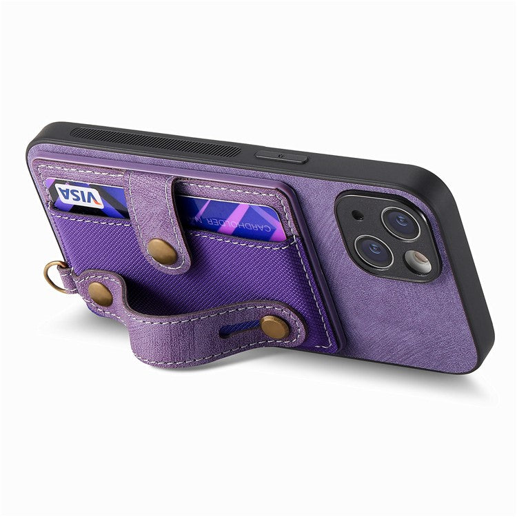 D9 For iPhone 14 Case Wristband PU Leather Vintage Texture Shockproof Cover - Purple