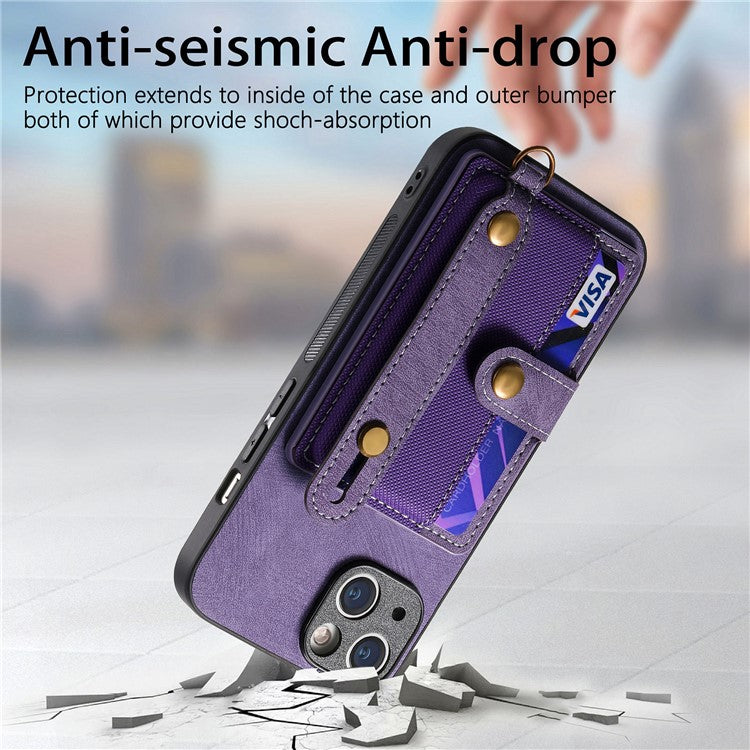 D9 For iPhone 14 Case Wristband PU Leather Vintage Texture Shockproof Cover - Purple