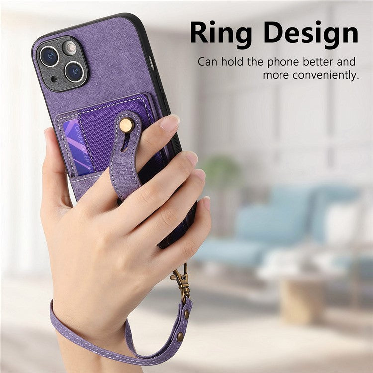 D9 For iPhone 14 Case Wristband PU Leather Vintage Texture Shockproof Cover - Purple
