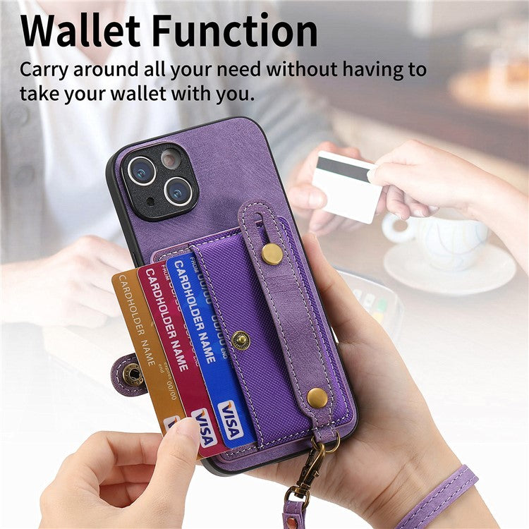 D9 For iPhone 14 Case Wristband PU Leather Vintage Texture Shockproof Cover - Purple